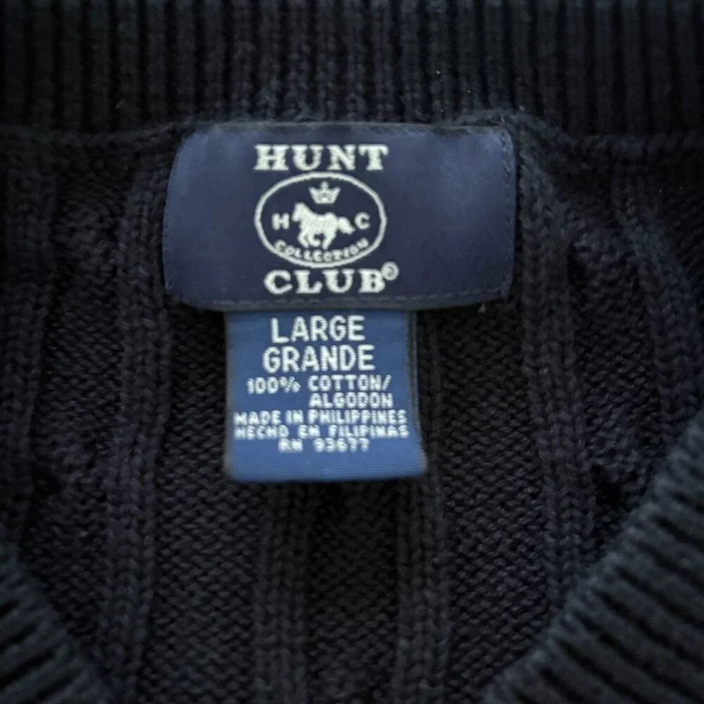 Hunt Club Men's Cable Knit Sweater Black V Neck Cotton Preppy Grandpacore L
